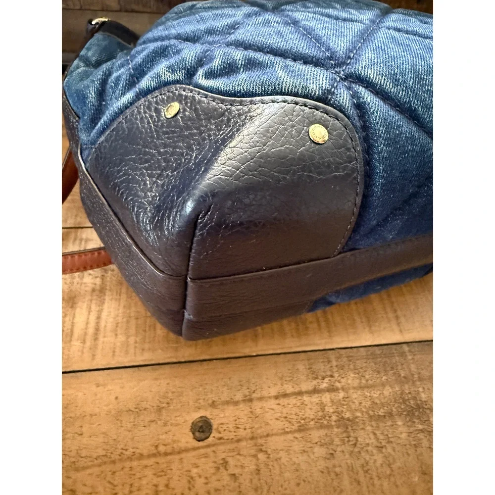 Coach Bucket Bag Womens Small Blue Quilted Denim Leather Drawstring Crossbody